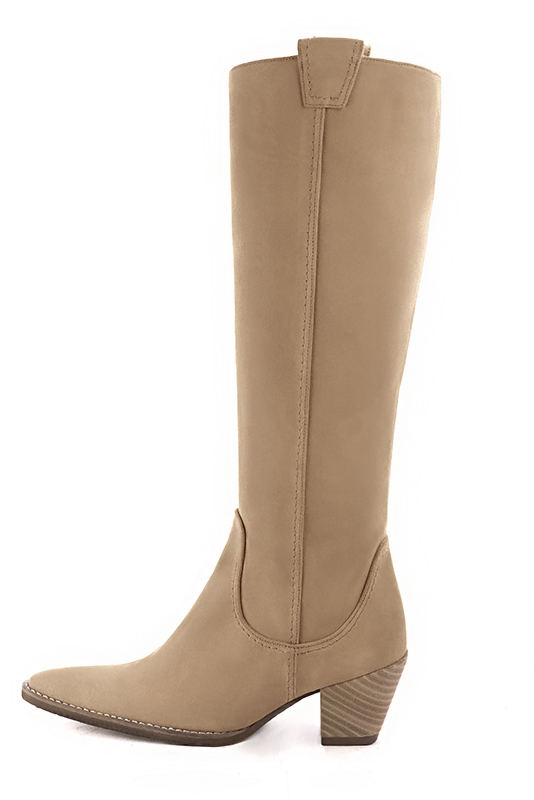 Tan beige women's cowboy boots. Tapered toe. Medium cone heels. Made to measure. Profile view - Florence KOOIJMAN